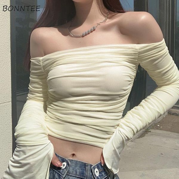 

swimwear long sleeve tshirts slim solid slash neck spring retro design elegant crop streetwear haruku clothes ladies folds, White;black