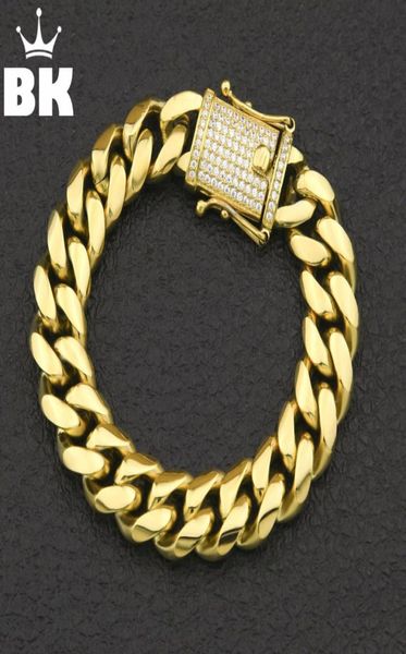 

12mm14mm cz stainless steel curb cuban link bracelet gold silver plated hiphop micro paved cz mens miami bangle 7inch8inch j19073552897, Golden;silver