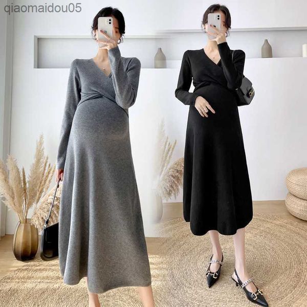 

maternity spring fashion loose tide mom style long sleeve knitted sweater dress l230712, White