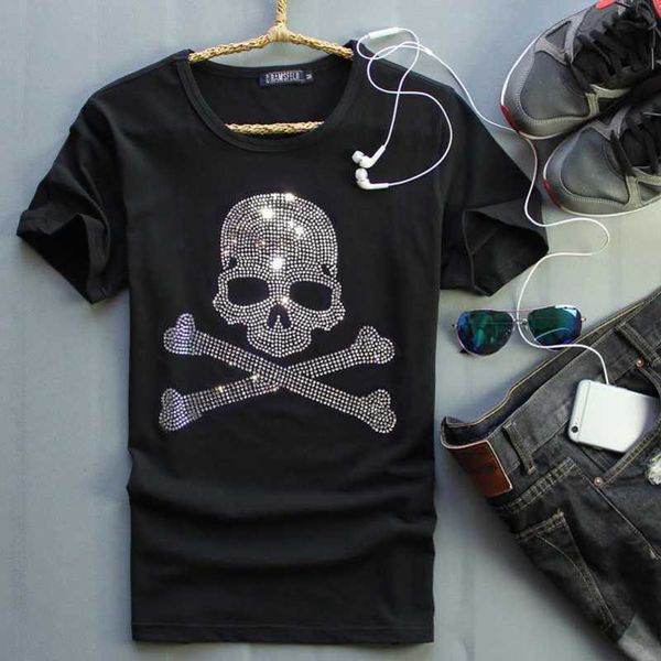 

designerspring and summer men's slim fit ice silk cotton short sleeve skull head diamond bottom shirt trendy men's round neck whit, White;black