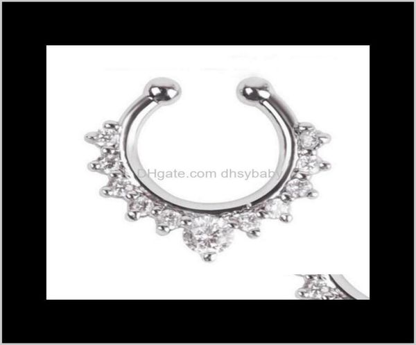 

navel bell button trendy ring rystal hoop nose rings stud jewelry fake septum clicker non piercing hanger clip on women7219465, Silver