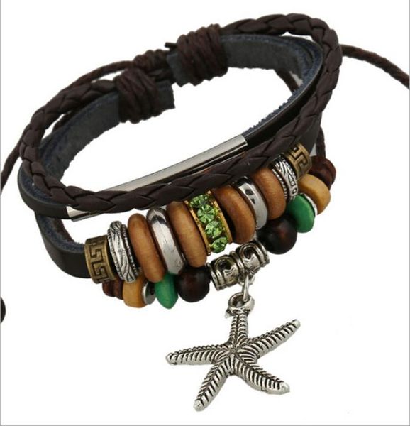 

fashion starfish charms bracelets infinity wooden beaded green rhinestone alloy circle leather bracelets for men jewelry2655061, Golden;silver