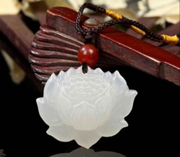 

100 natural handcarved chinese hetian jade pendant lotus flower necklace8707189, Silver