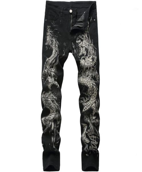

fashion dragon printed jeans design mens denim pants men039s original brand casual cotton slim pencil pants male black jean9938064, Blue