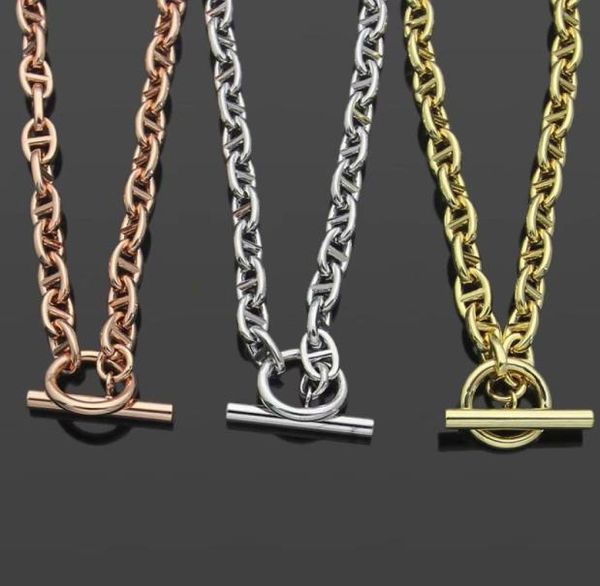 

europe america fashion style men lady women goldsilverrose gold metal lovers thick necklace with engraved h letter clasp pendant5880694, Silver