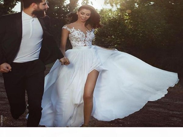 

aline chiffon wedding dresses see through jewel neck lace appliques sleeveless bridal dress 2018 fashion side split wedding3616913, White