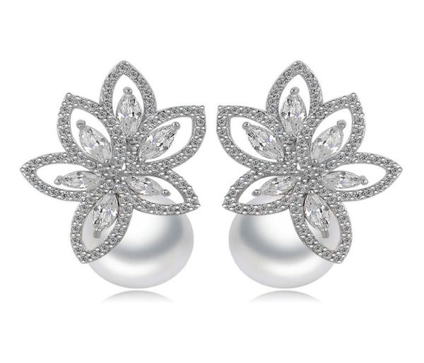 

pearl flower drop earrings bling white zircon fine jewelry wedding dangle earrings for women girl gift3276746, Golden;silver