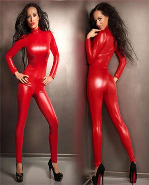 

women red black bodycon jumpsuit novetly bodysuit latex playsuit fetish faux leather catsuit clubwear leotard5680408