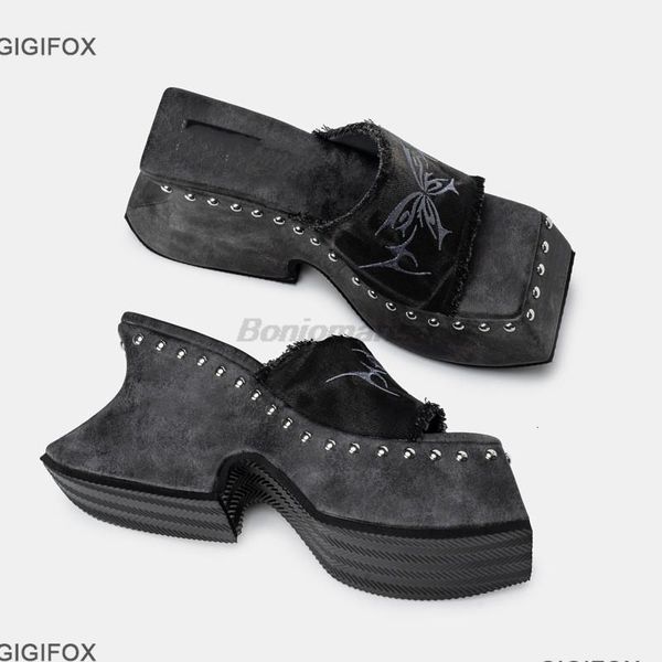

sandals gigifox platform sandals for women denim butterfly fashion metal design fashion rivet slip on punk sandasl shoes summer goth 230713, Black