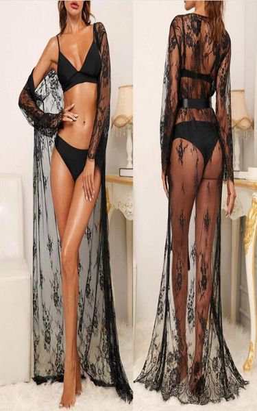 

women lingerie cardigan shirt beach cape bikini cover up lace kimono perspective onepiece pajamas robe1165312, Black;red