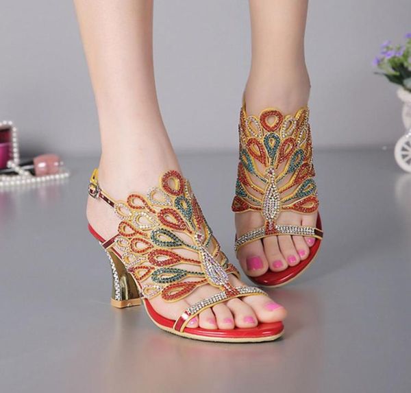 

women banquet prom party shoes summer rhinestone sandals open toe chunky heel strappy wedding shoes for bride red black color8539953