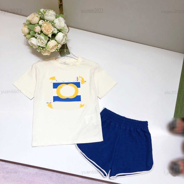 

2023 designer baby summer suit kids tracksuit size 100-160 cm 2pcs logo printed round neck t-shirt and solid shorts, White