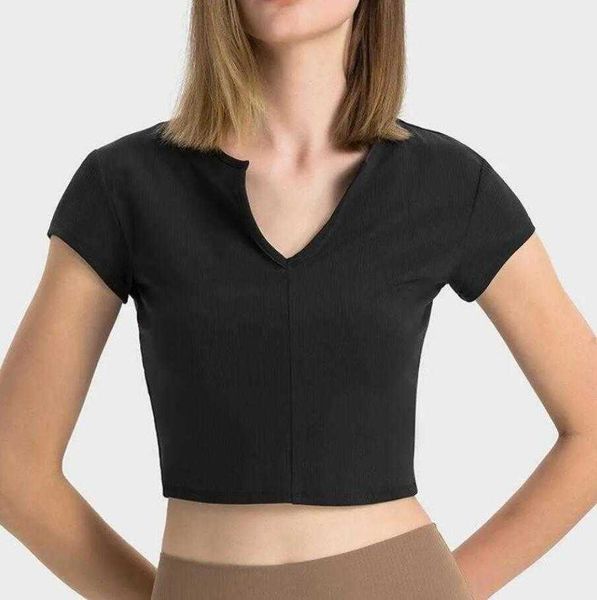 

lu-372 striped ribbed open navel deep v-neck sports short sleeved t-shirt for women's fashion versatile outdoor fitness yoga suit, White;red