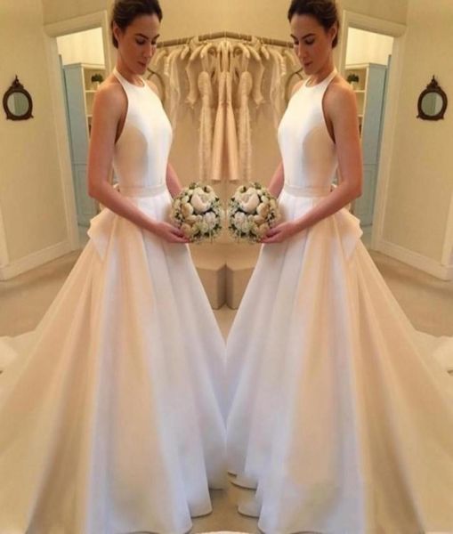 

2019 halter neck sleevesless wedding dresses a line satin long sweep bridal gowns formal dresses9942582, White