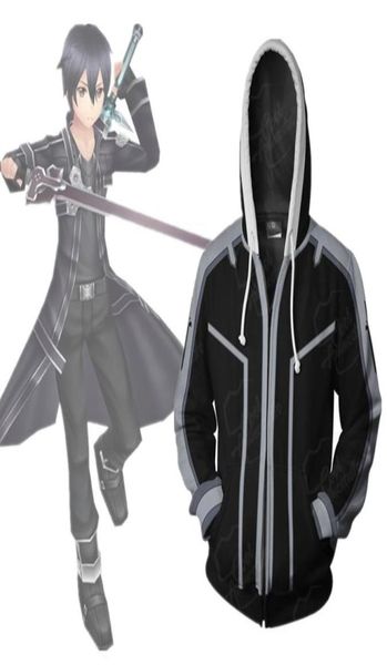

asian size japan anime sword art online kirito cosplay costume 3d long sleeve zipper coat jacket hoodie5788594, Black