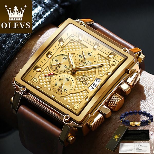 

wristwatches 2023 olevs original golden watch for men luxury brand military leather big gold chronograph male relogio masculino 230712, Slivery;brown