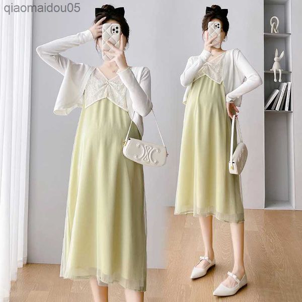 

maternity french elegant dresses set summer clothes for pregnant women 2023 new sunscreen shl cute lace pregnancy dress l230712, White