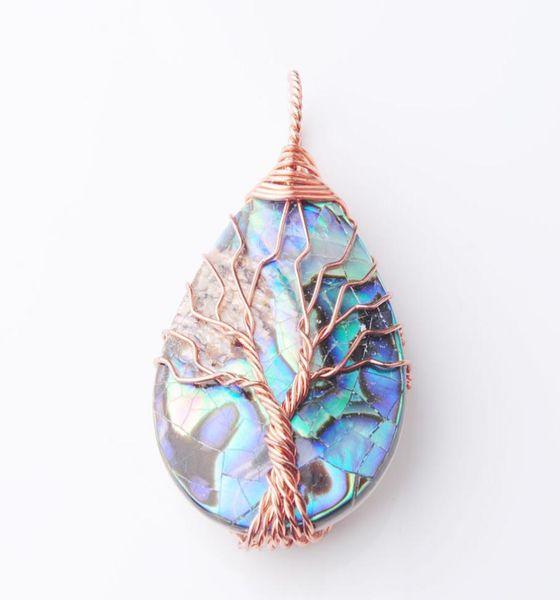 

wojiaer tree of life rose gold metal wire wrap water drop bead necklace pendant natural abalone shell jewelry chain 18 inch w9318950657, Silver