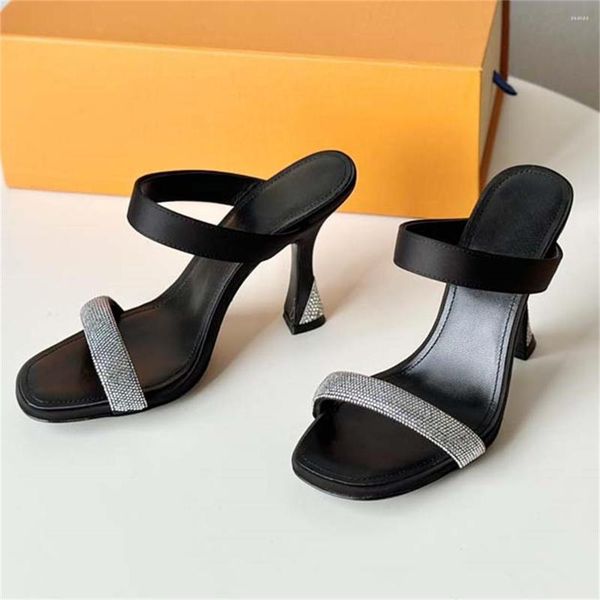 

slippers 2023 summer fashion round toe women shoes crystal decor high heels genuine leather chaussure femme size 34-42, Black