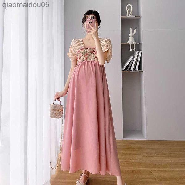 

maternity chiffon hanfu dresses summer clothes for pregnant women 2022 new chinese style vintage patchwork pregnancy vestidos l230712, White