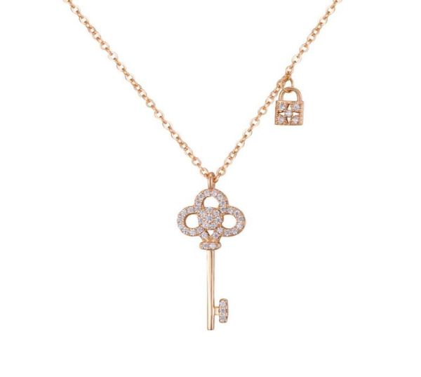 

sparkling diamond zircon fashion designer lovely lock key pendant necklace for women girls rose gold silver4285757, Silver