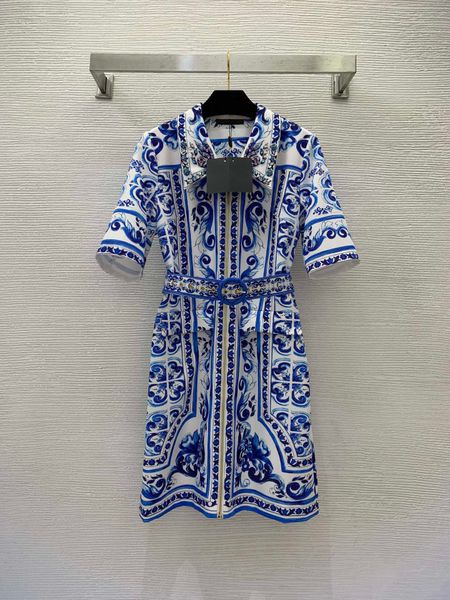 

designer dress blue print dresses elegant womens clothing celadon prints luxury diamond-studded neckband belts lapel short sleeve skirt wome, Black;gray
