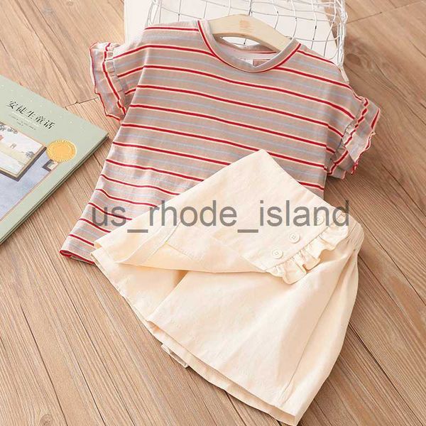 

t-shirts summer fashion 2 3 4 5 6 7 8 9 10 years cotton fly short sleeve striped t-shirt+shorts 2 pieces sets for kids baby girls 210625 x07, Blue