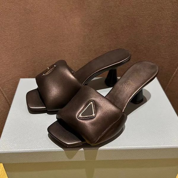 

women soft padded nappa leather slippers slides summer 6.5cm stiletto heel sandals shoes slip on triangle logo flats sandal for women luxury, Black