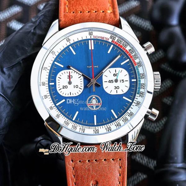 

time shelby cobra quartz chronograph mens watch a41315a71c1x2 steel case blue dial stick markers brown leather strap satch watches c141b1, Slivery;brown