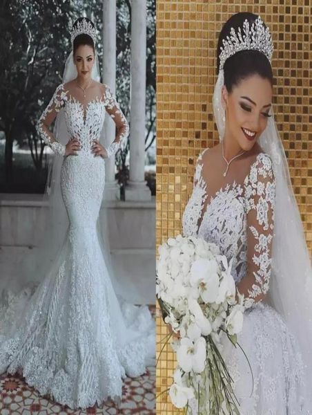 

2019 luxury mermaid wedding dresses sheer neck beaded crystal lace appliques arabic long sleeves overskirts plus size formal brida4483460, White