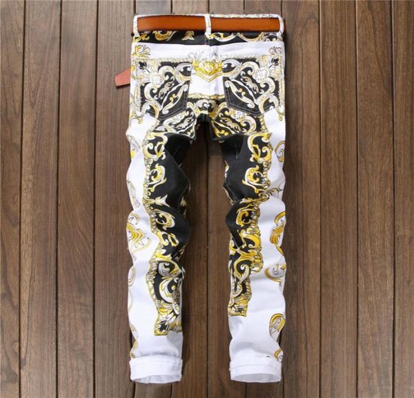

mens jeans mens slim print jeans fashion flower straight white denim pants long trousers asian size4257944, Blue