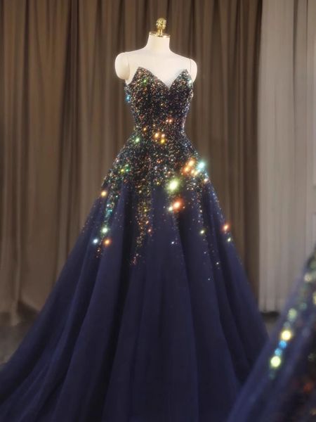 

2023 prom dress stunning shining sequins crystal long evening gowns sweetheart lace-up back, Black