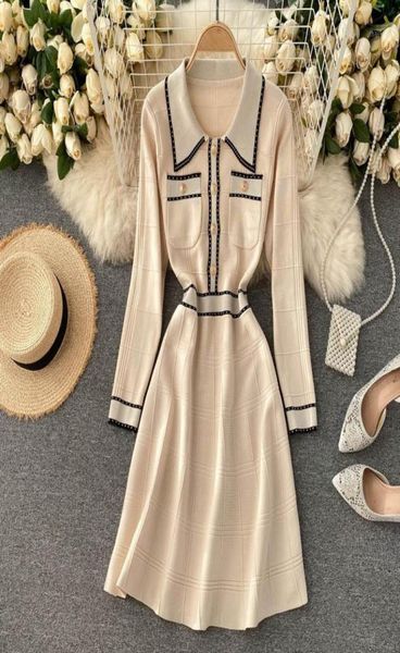 

lady fashion knitted sweater dress 2021 women autumn winter retro buckle waist thin longsleeved vestidos q464 casual dresses6834178, Black;gray