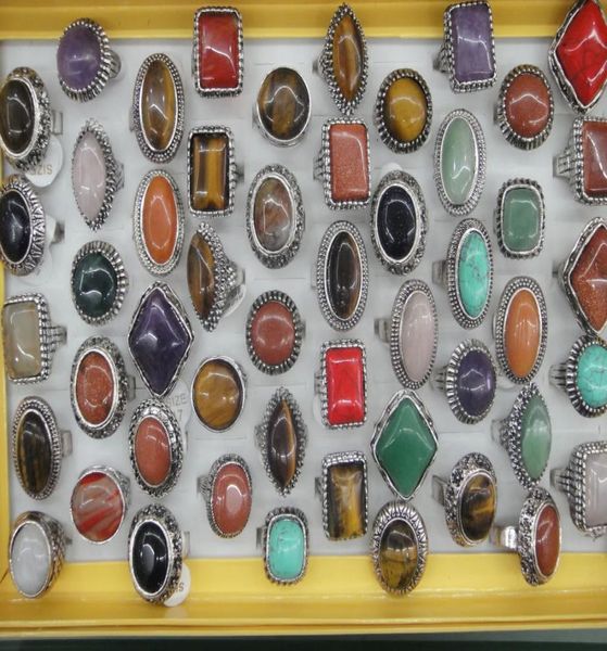 

whole natural stone silver plated rings for men women fashion jewelry bulk charm ring 25pcslot7173233, Golden;silver