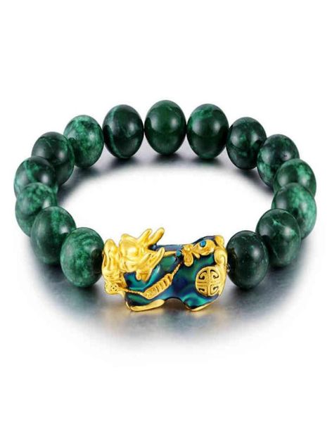 

wholale natural green jade stone beads color changing charm piyao women men good lucky wealth feng shui pixiu bracelet1259279, Golden;silver