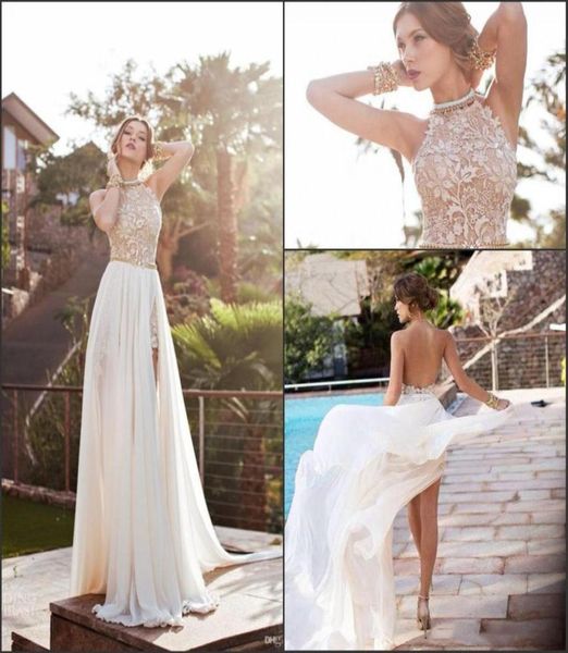 

2021 bohemian sheath wedding dresses a line halter neck backless high side split appliques lace chiffon beach bridal gowns3537644, White