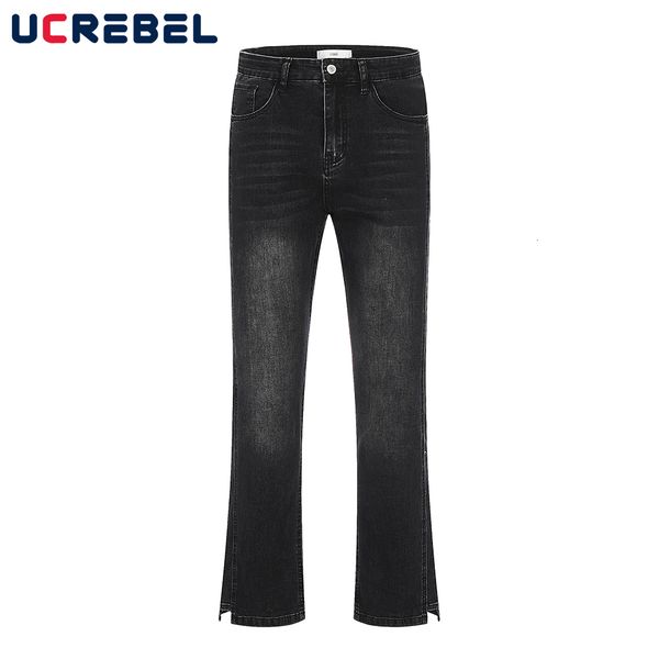 

men s jeans retro washed flared pants mens streetwear bottom split casual straight leg men 230713, Blue
