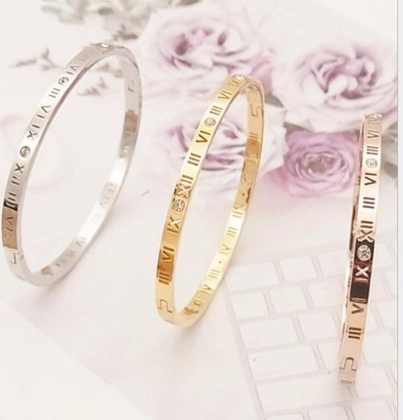 

american simple roman numeral letter titanium steel bracelet gold silver rose gold hollow bangle ps22864434311, Black