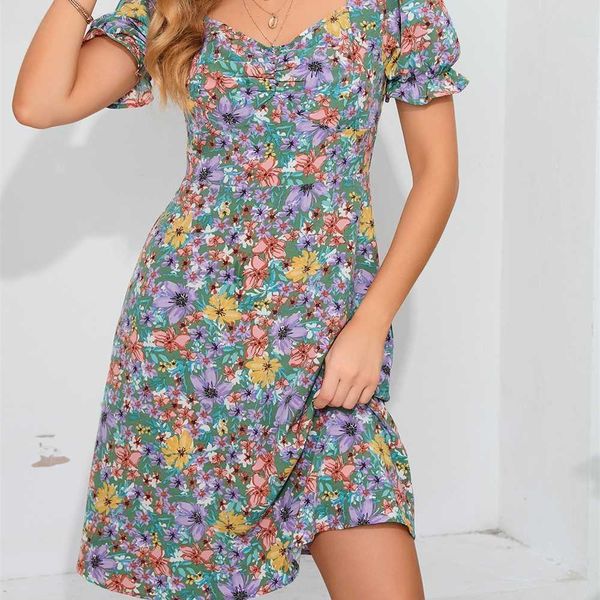

women's 2023 spring/summer russian waist shredded flower short sleeve dressu318, White;black
