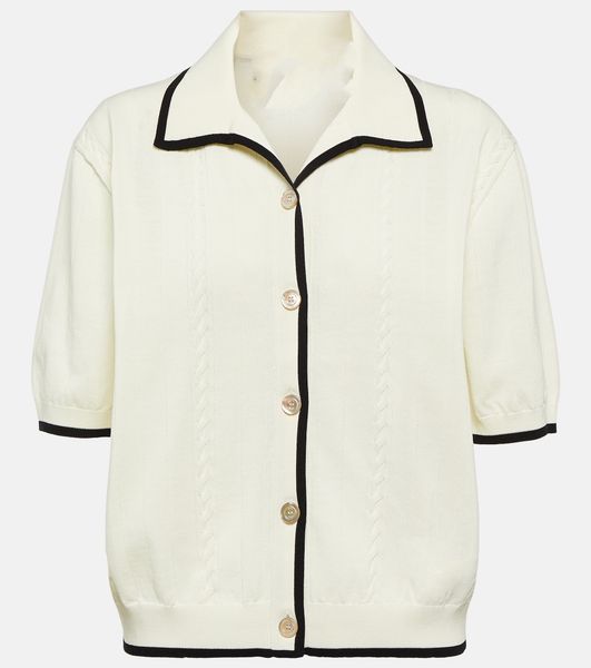 

women's ivory interlocking knit polo shirt cable-knit cotton cardigan, White