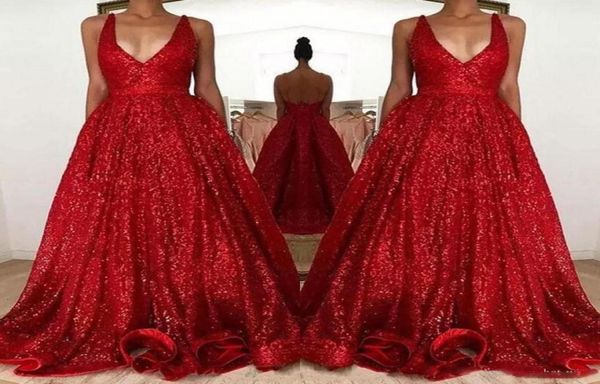 

2018 red sparkly sequined prom dresses long deep vneck sleeveless backless a line evening party gowns4223403, Black