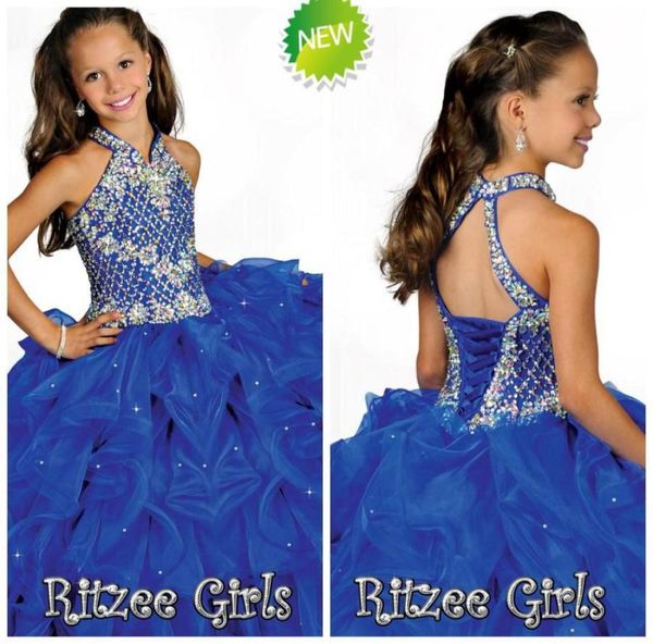 

beaded crystals straps blue girls pageant dresses 2019 halter neck little kids flower girls dress tiered ruffles first holy commun5224546, White;red