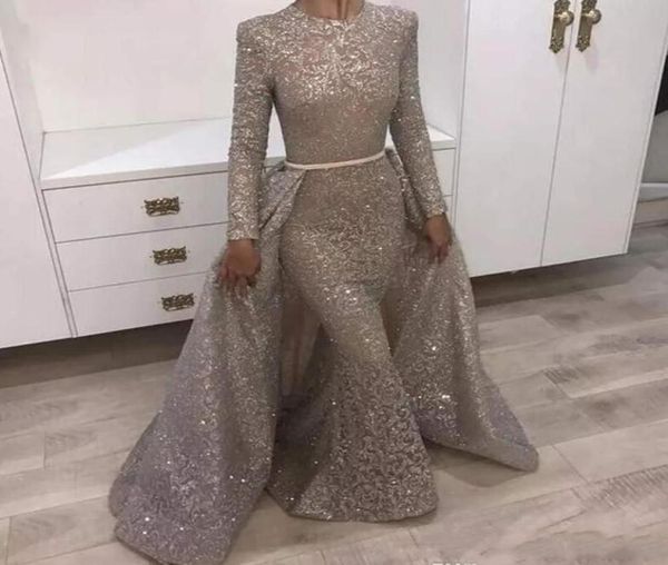 

2020 bling silver gold sequined prom dresses lace jewel neck mermaid sequins long sleeves overskirts evening dress wear part8110329, Black