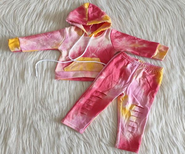

new design kids girls fall clothes set jacket with hat long pants fall outfits pure cotton tie dye boutique girls clothes sets 1061135, White