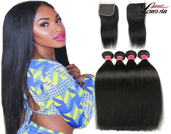 

brazilian straight hair with lace closure natural color straight human hair bundles with closure brazilian straight human hair ext7697021, Black