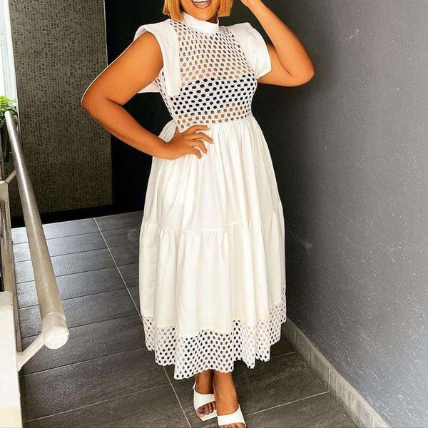

summer flying sleeves hollow out stitching temperament commute loose a line skirt plus size dress, Black;gray