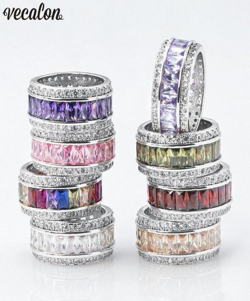 

vecalon 8 colors birthstones ring white gold filled princess cut zircon crystal wedding band ring for women drop jewelry8206096, Slivery;golden