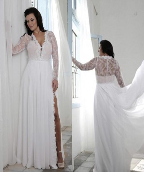 

plus size wedding dresses with split sheath plunging v neck illusion lace long sleeves bridal gowns bohemian boho brides formal we7711485, White
