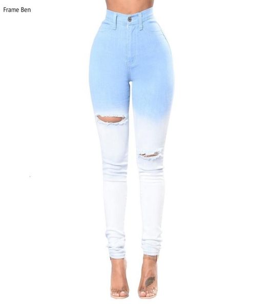 

for skinny jeans women autumn high waist jeans women039s 2019 blue and white gradient hole denim pencil pants5423548