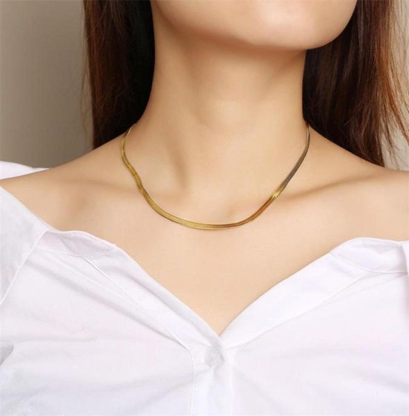 

stainless steel flat chain womens necklace adjustable lady's chokers necklaces silver gold color 4mm width 28/36 +8.5 cm6511542, Golden;silver